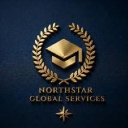 Logo of Northstar Global Services featuring a golden graduation cap and laurel leaves on a dark background.